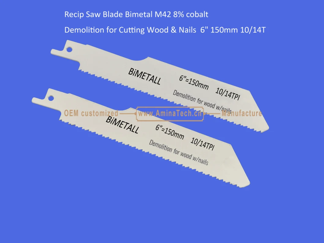 Recip Saw Blade Bimetal M42 8% cobalt Demolition for Cutting Wood &amp; Nails 6&quot; 150mm 10/14TPI,Reciprocating,Sabre Saw