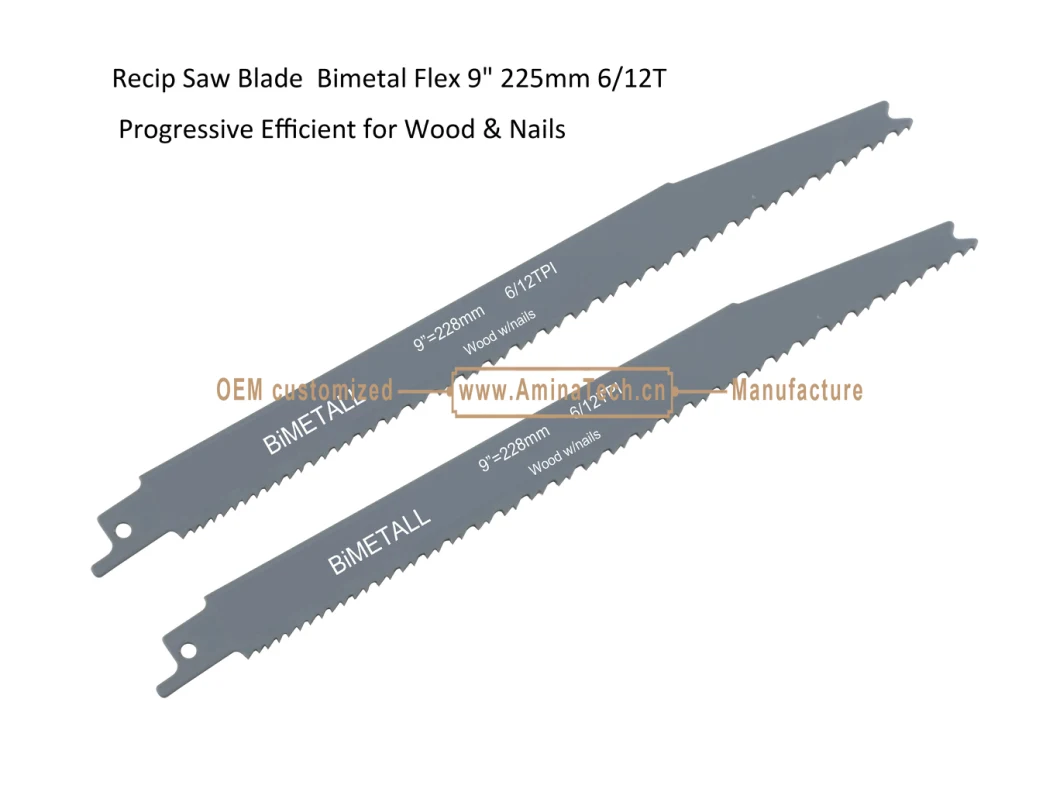 Recip Saw Blade Bimetal M42 8% cobalt Demolition for Cutting Wood &amp; Nails Size:9&quot; 225mm6/12T