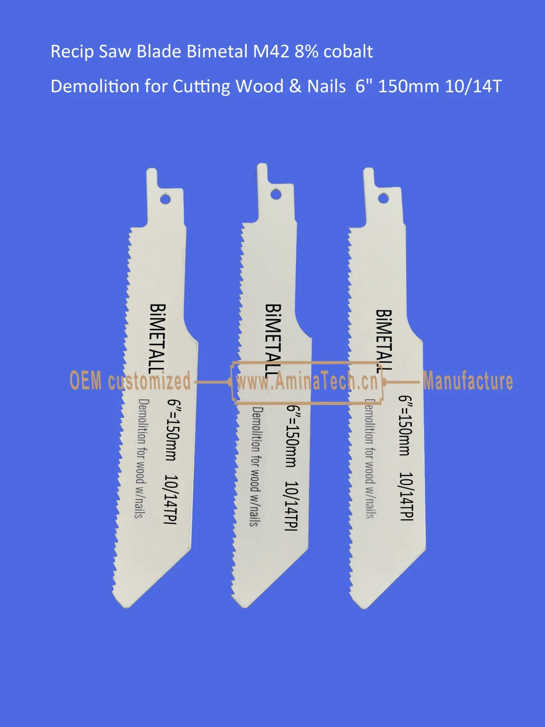 Recip Saw Blade Bimetal M42 8% cobalt Demolition for Cutting Wood &amp; Nails 6&quot; 150mm 10/14TPI,Reciprocating,Sabre Saw